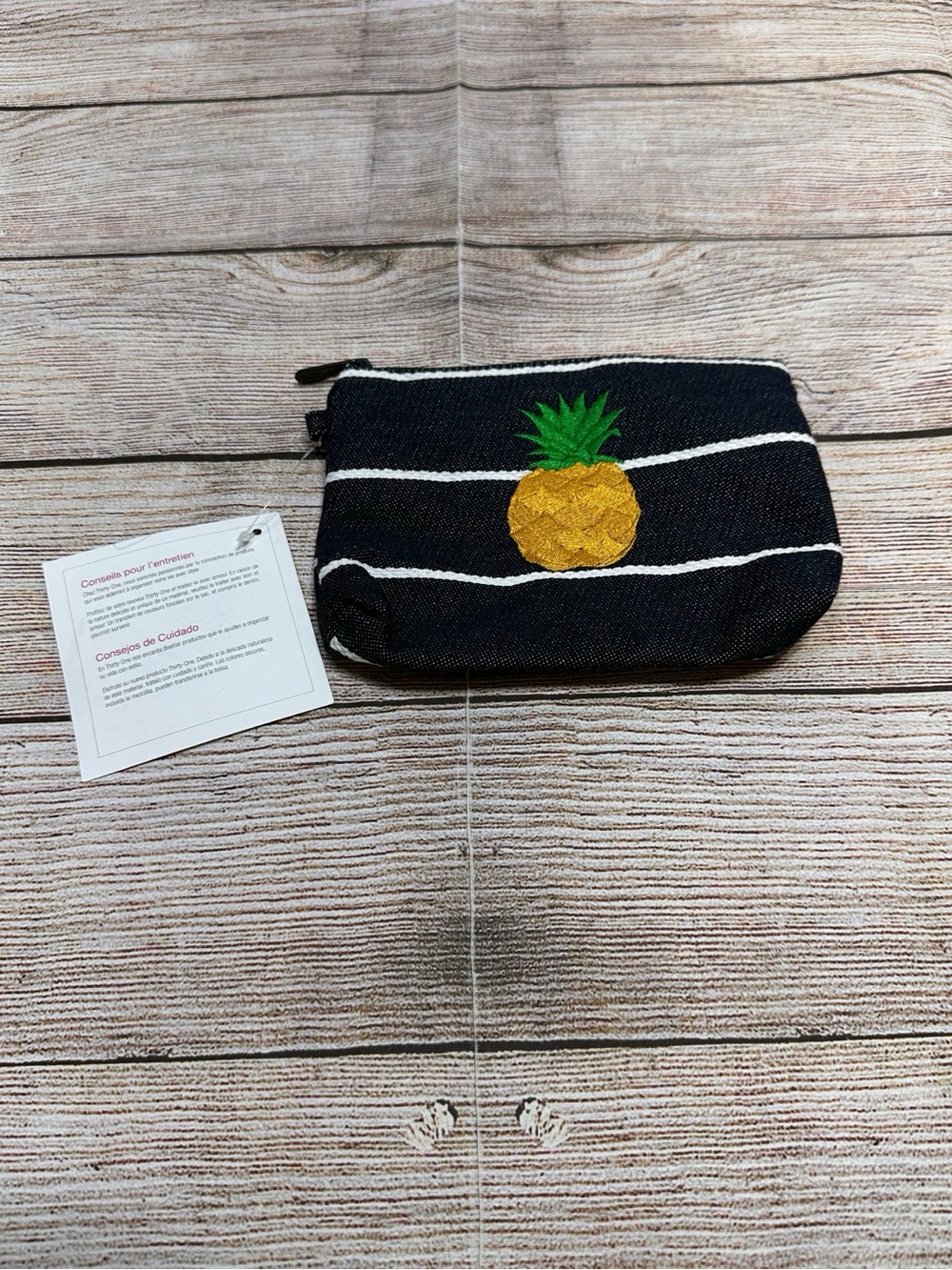 NWT Thirty-one Blue with White Stripe Textured Fabric Pouch With Pineapple